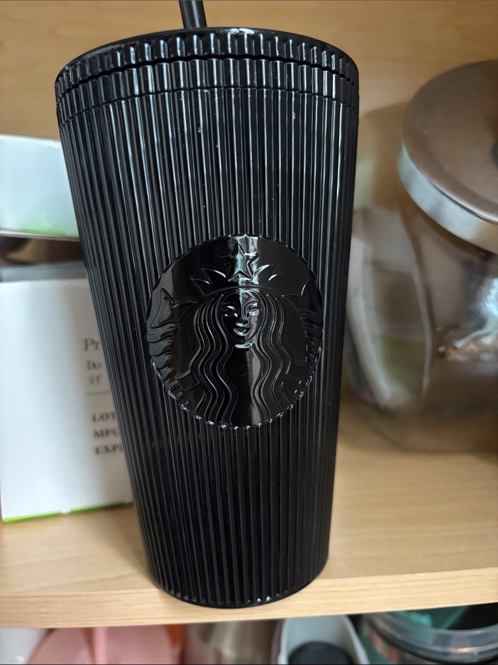Starbucks Glossy Black Ribbed Travel Cup with Logo and Straw